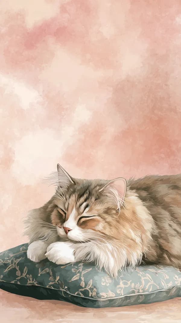 Sleeping Cat on Floral Pillow - Watercolor Wallpaper - HD Wallpaper, 4k Background Image