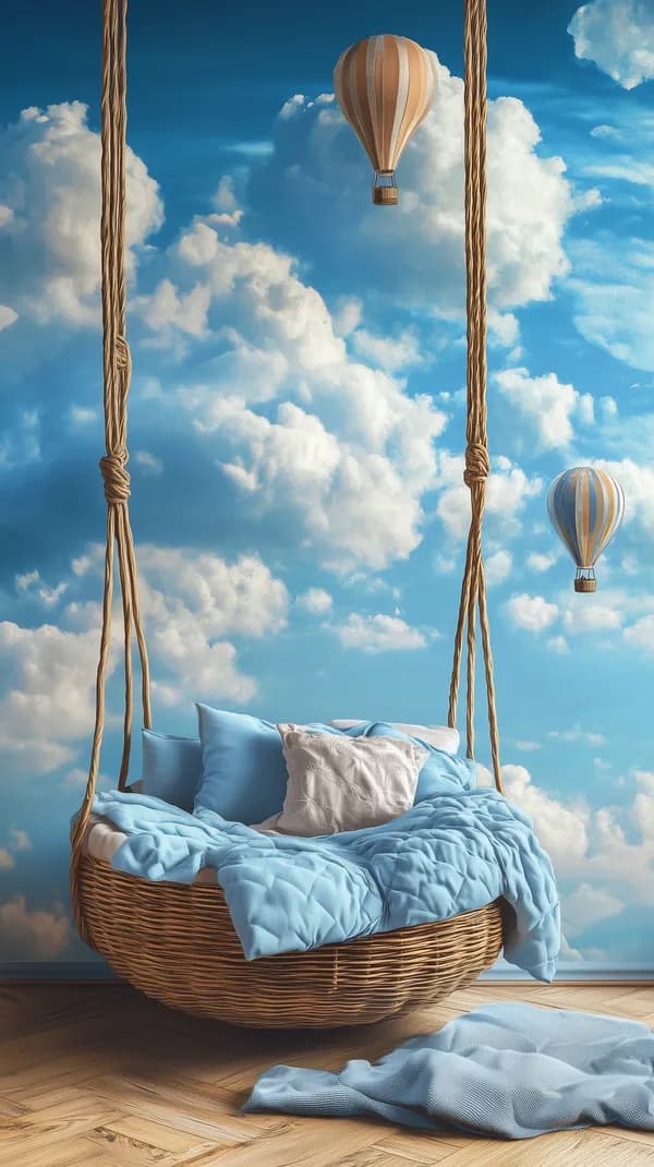 Dreamy Sky Hanging Wicker Chair Under Blue Clouds and Balloons - HD Wallpaper, 4k Background Image