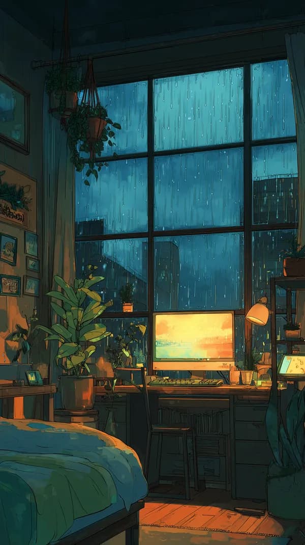 Cozy Rainy Night Workspace in a Plant-filled Studio Apartment - HD Wallpaper, 4k Background Image