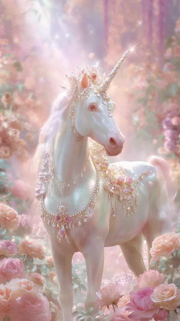 Pastel Unicorn in a Dreamy Floral Garden with Crystal Jewelry - HD Wallpaper, 4k Background Image