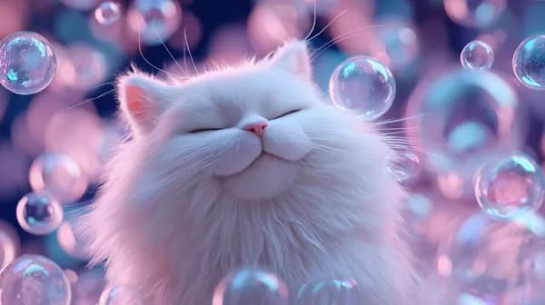Dreamy white cat in iridescent bubbles wallpaper for serene screens - HD Wallpaper, 4k Background Image