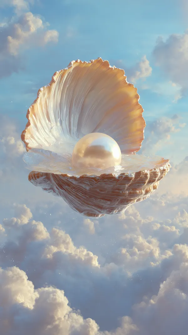 Dreamy Pearl in a Floating Shell Above Clouds, Soft Sky - HD Wallpaper, 4k Background Image