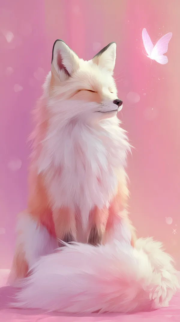 Dreamy Pink Fox Portrait with Butterfly - Soft Fantasy Wallpaper - HD Wallpaper, 4k Background Image
