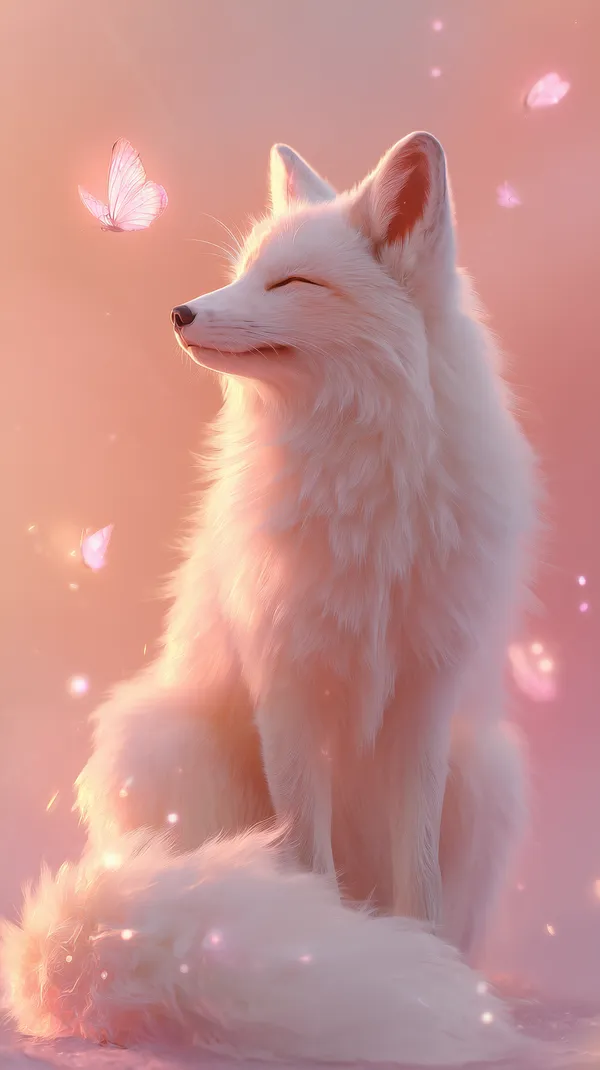 Dreamy white fox in pastel glow with fluttering butterflies - HD Wallpaper, 4k Background Image