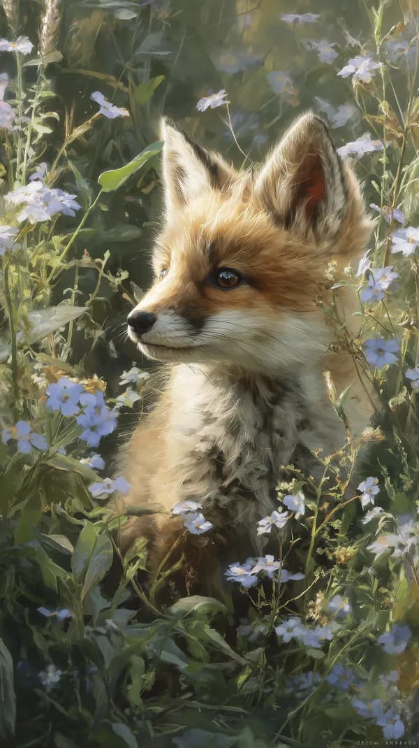 Adorable Fox Cub in a Sunlit Meadow with Wildflowers - HD Wallpaper, 4k Background Image