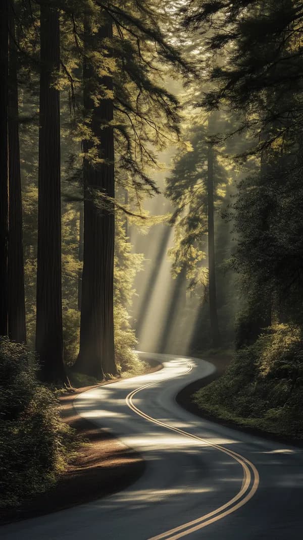 Winding Sunlit Forest Road Through Tall Pines at Dawn - HD Wallpaper, 4k Background Image