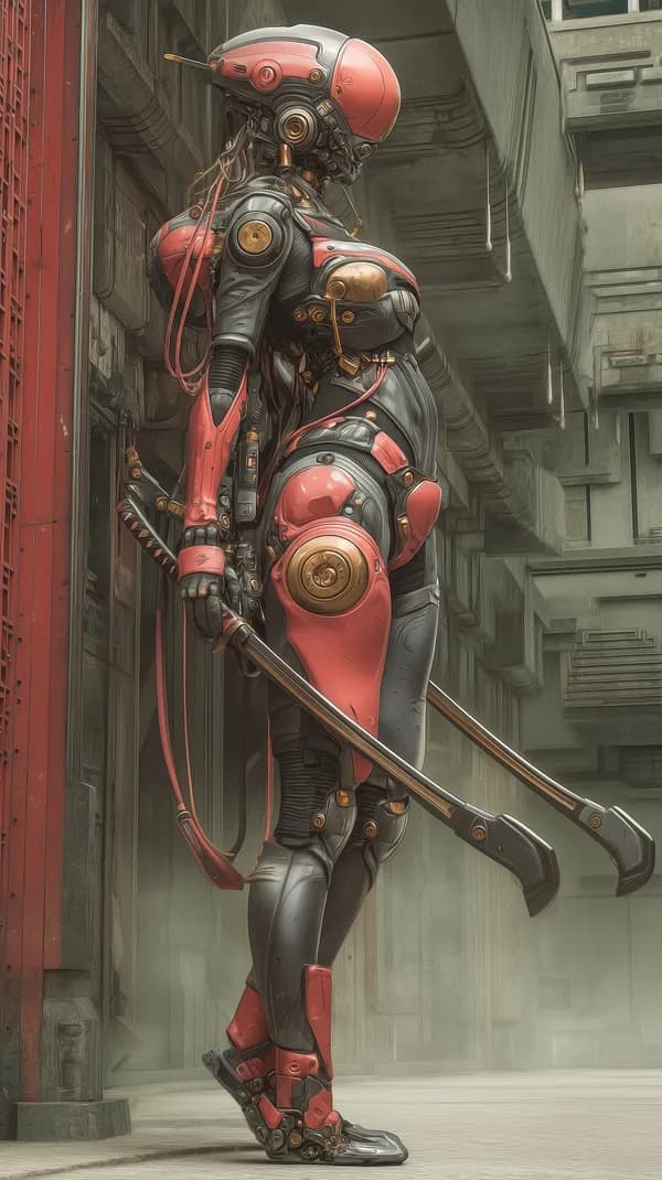 Towering Cybernetic Warrior in Neon-Red Armor in Urban Alley - HD Wallpaper, 4k Background Image