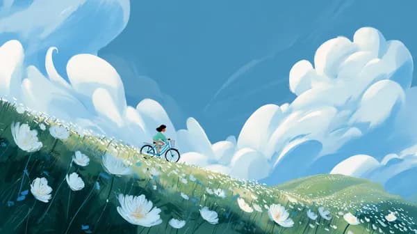 Dreamy Hillside Bicycle Wallpaper: Flower Field under a Cloudy Sky - HD Wallpaper, 4k Background Image
