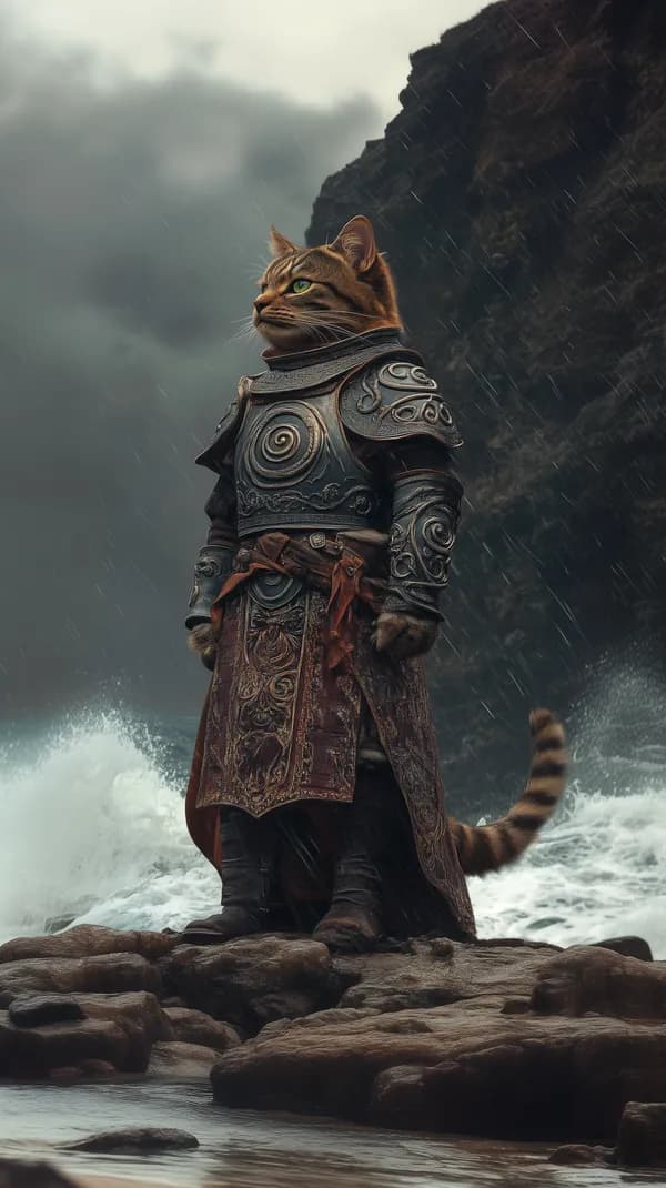 Armored Cat Warrior Standing on Stormy Seashore Rocks - HD Wallpaper, 4k Background Image