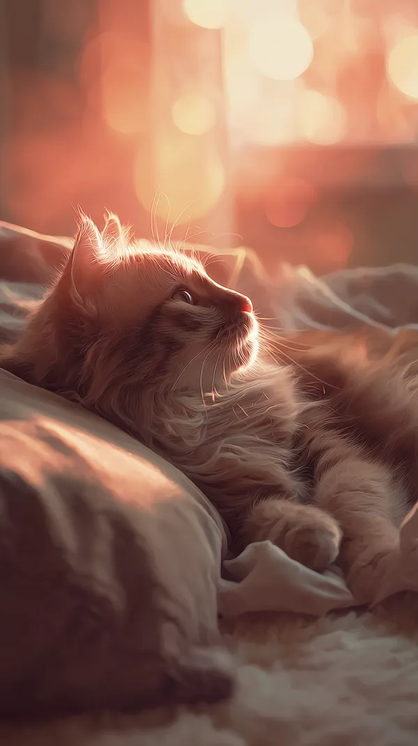 Cozy Cat in Warm Sunset Light on Soft Bedding at Dusk - HD Wallpaper, 4k Background Image