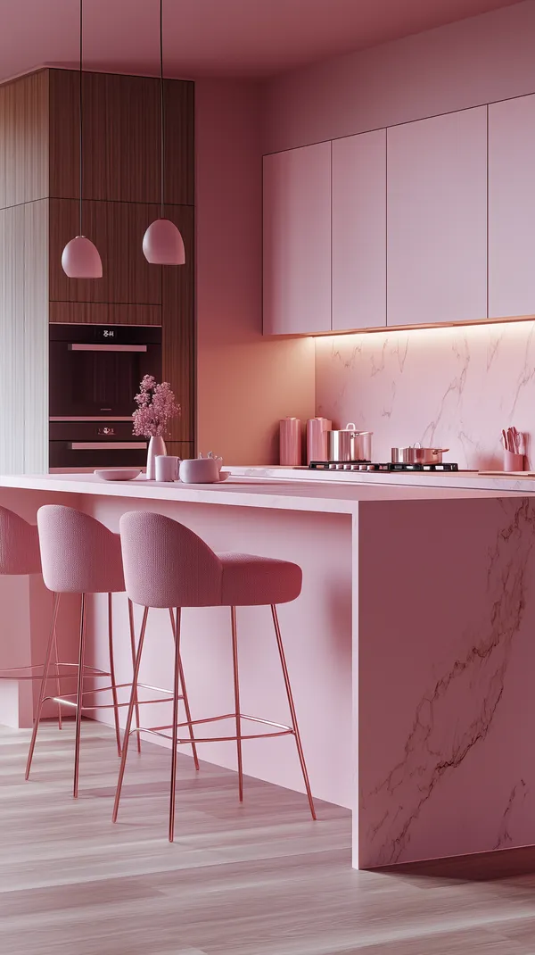 Soft Pink Kitchen Interior with Marble Island and Bar Stools - HD Wallpaper, 4k Background Image