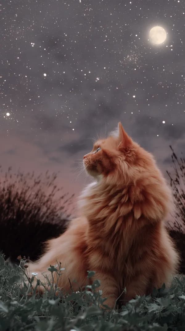 Moonlit Night Cat Under a Starry Sky Desktop Wallpaper - HD Wallpaper, 4k Background Image