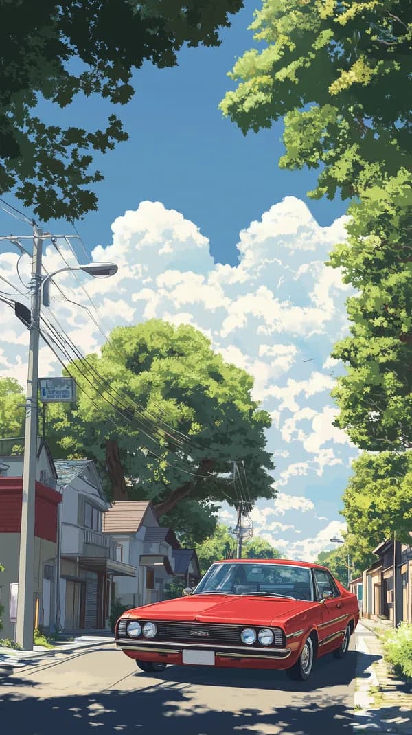 Vibrant Red Classic Car on a Sunny Suburban Street - HD Wallpaper, 4k Background Image