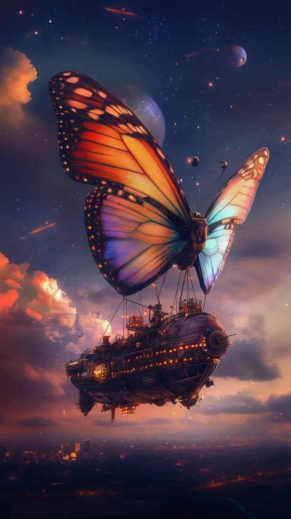 Surreal Butterfly-Wing Airship Over Neon City Sky - Wallpaper - HD Wallpaper, 4k Background Image