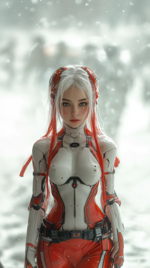 Futuristic Cyborg Woman in Red-White Armor: Snowy Portrait - HD Wallpaper, 4k Background Image