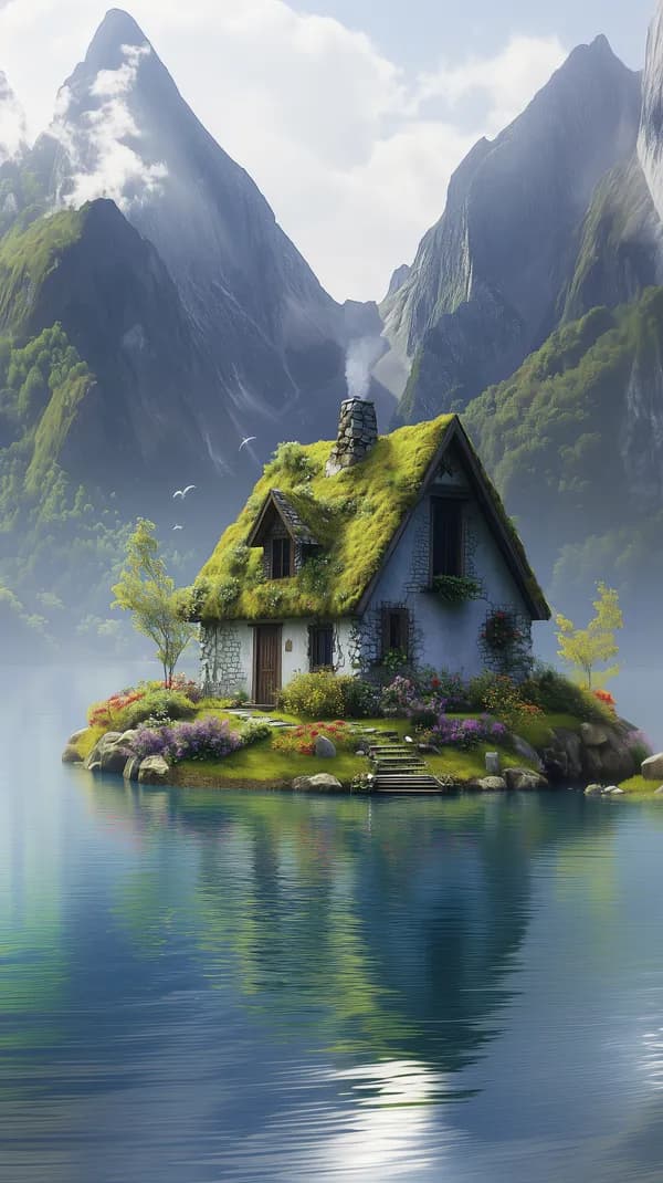 Whimsical Green-Roof Cottage on a Mountain Lake Island - HD Wallpaper, 4k Background Image