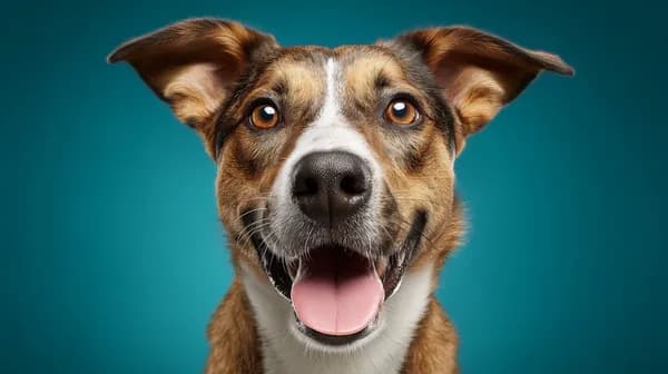 Radiant Smile: Friendly Mixed-Breed Dog Portrait on Teal Background - HD Wallpaper, 4k Background Image