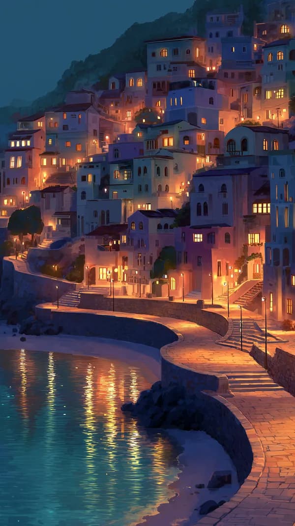 Coastal Hillside Village at Dusk with Warm Lightscape - HD Wallpaper, 4k Background Image