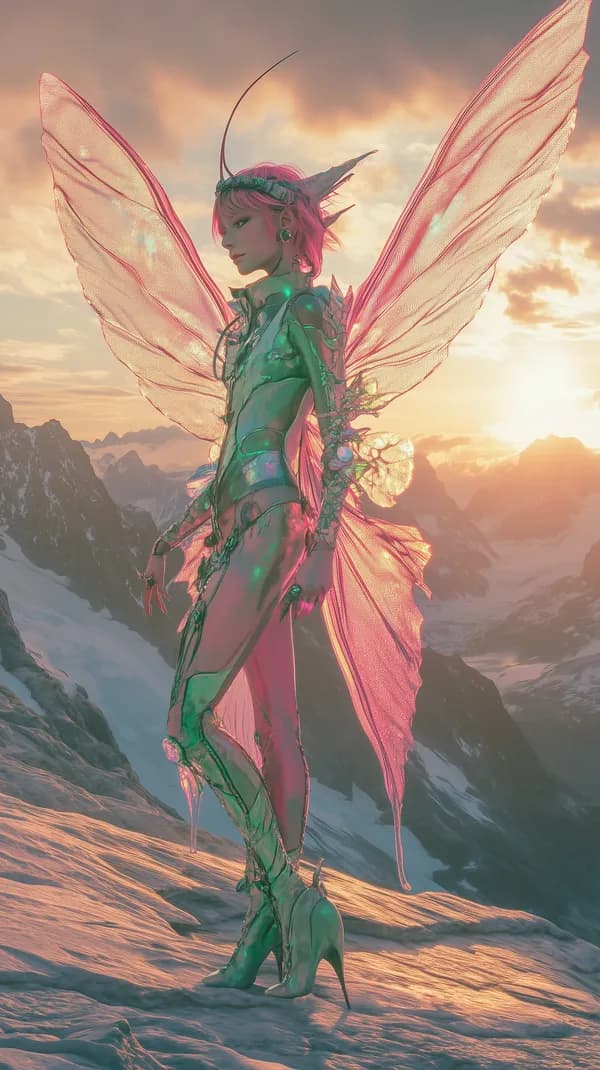 Fantasy Fairy Warrior with Iridescent Wings at Sunset Peak - HD Wallpaper, 4k Background Image