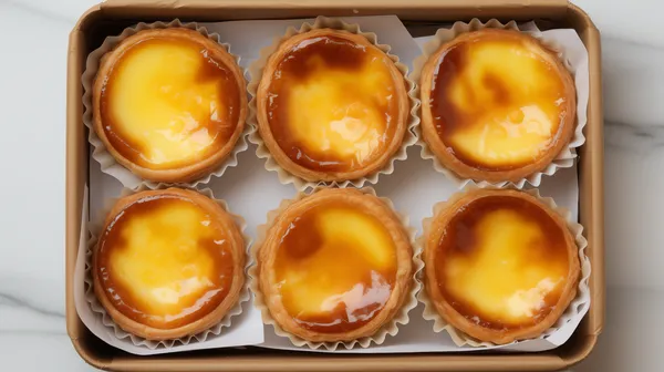 Six egg custard tarts in a box with golden caramel tops - HD Wallpaper, 4k Background Image