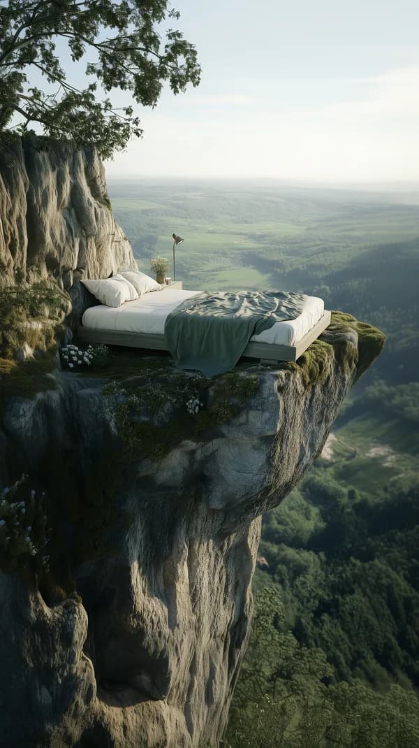 Dreamy Cliffside Bedroom Overlooking a Vast Valley - Surreal Wallpaper - HD Wallpaper, 4k Background Image