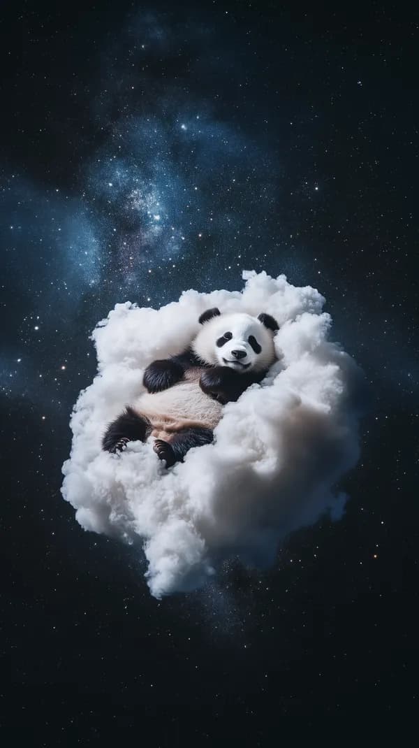 Dreamy Panda Floating on a Cloud in a Starry Night Space Scene - HD Wallpaper, 4k Background Image