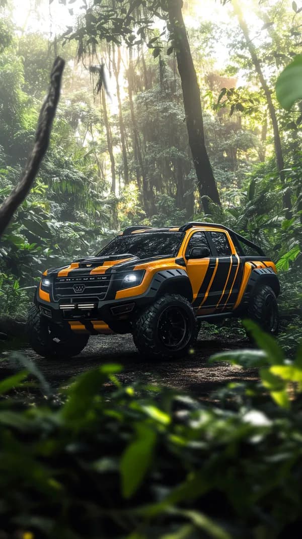 Vibrant Orange Off-Road Pickup in a Misty Jungle Forest Scene - HD Wallpaper, 4k Background Image