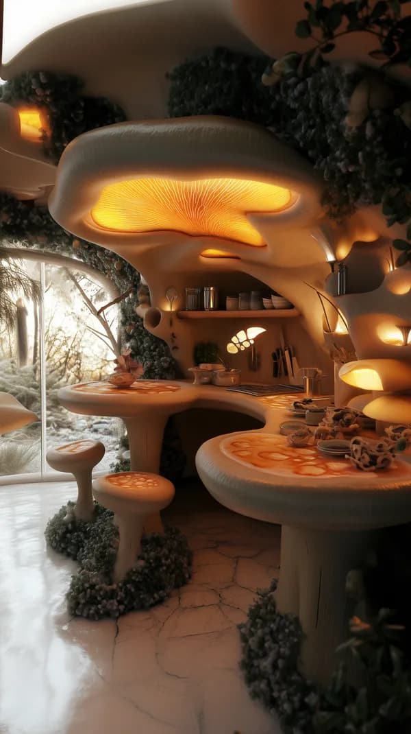 Surreal Mushroom Kitchen Interior | Warm Organic Architecture - HD Wallpaper, 4k Background Image