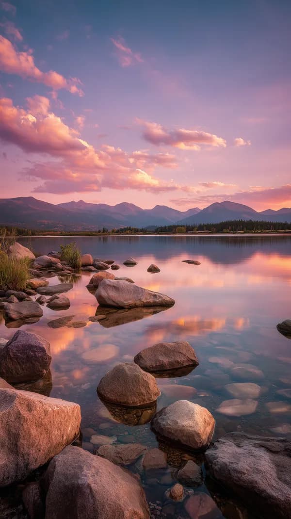 Serene Sunset Lake with Rocky Shore and Mountain Range - HD Wallpaper, 4k Background Image