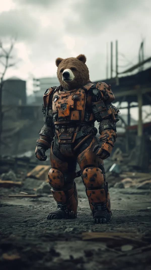 Bear in Heavy Orange Armor Exosuit in Post-Apocalyptic Ruins - HD Wallpaper, 4k Background Image