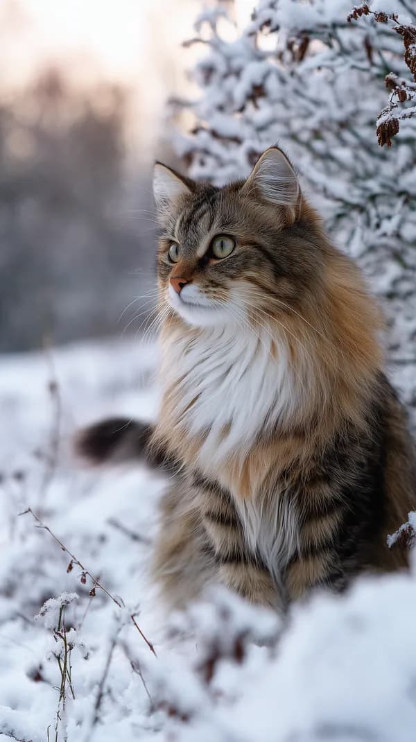 Fluffy Cat in Snowy Winter Scene – Serene Frost Portrait - HD Wallpaper, 4k Background Image