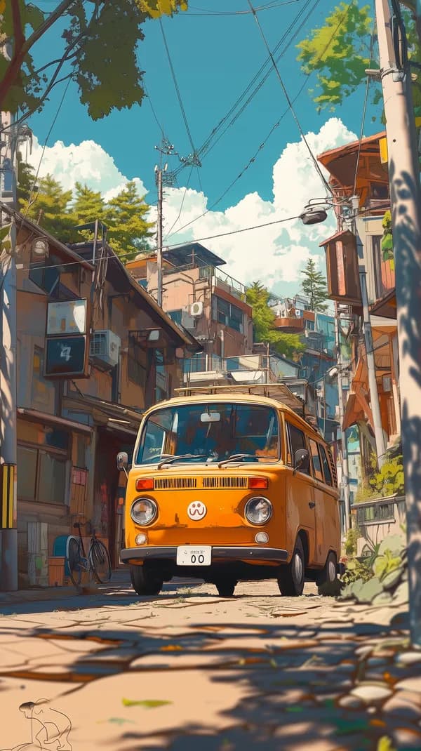 Sunny Urban Alley with a Vintage Van - Cartoon Wallpaper - HD Wallpaper, 4k Background Image