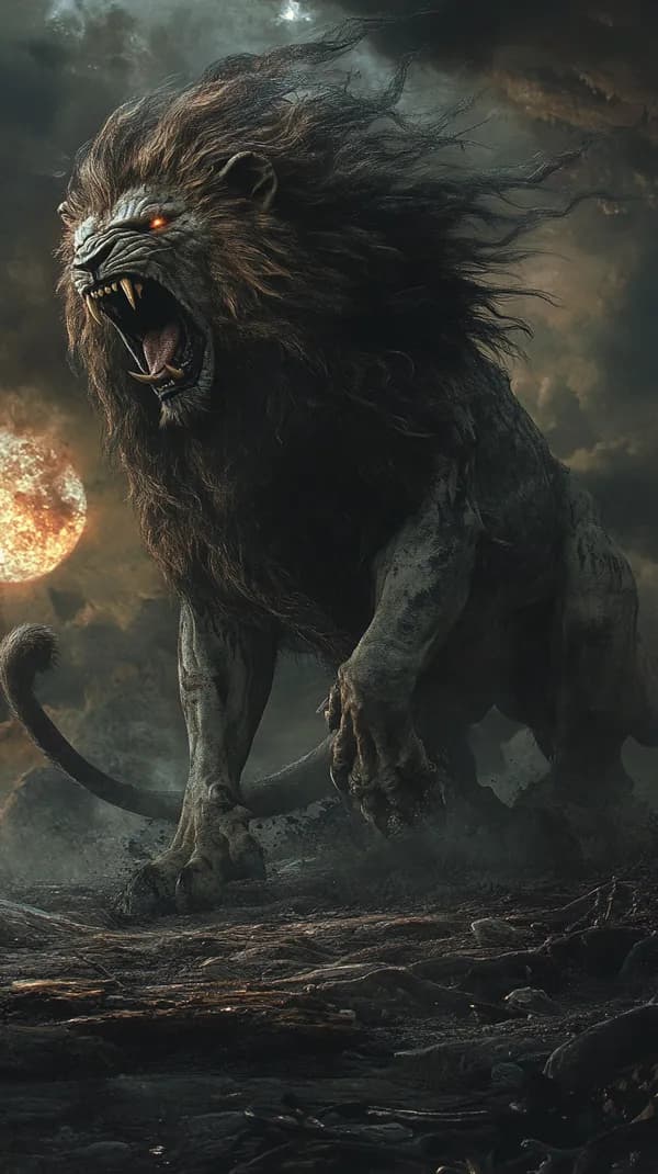 Epic fiery-eyed lion in a dark fantasy forest wallpaper - HD Wallpaper, 4k Background Image