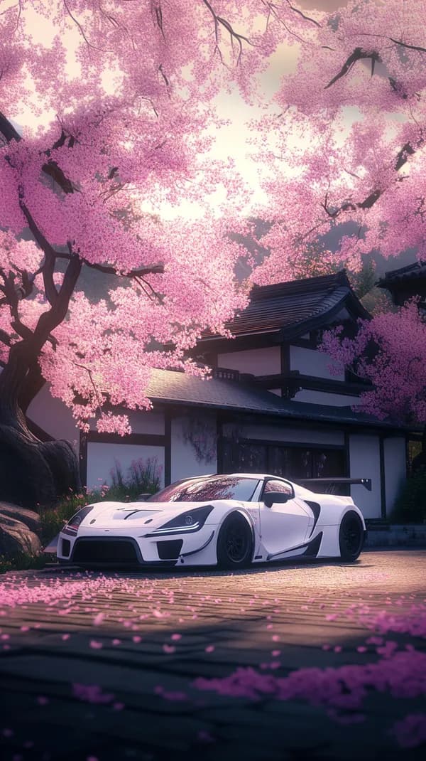 Pastel Cherry Blossoms and White Supercar by a Zen Japanese House - HD Wallpaper, 4k Background Image