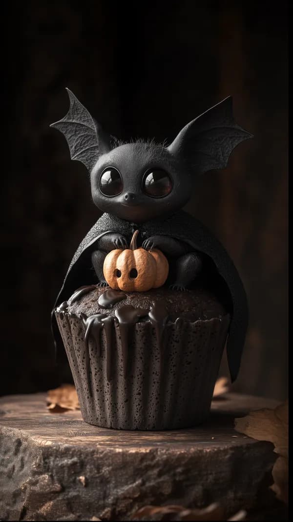Whimsical Black Bat on Chocolate Cupcake – Halloween Art - HD Wallpaper, 4k Background Image