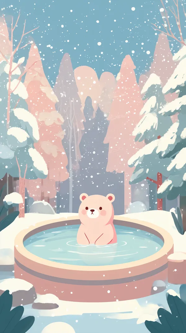 Pastel Winter Bear in Cozy Snowy Spa Scene for Desktop Wallpaper - HD Wallpaper, 4k Background Image