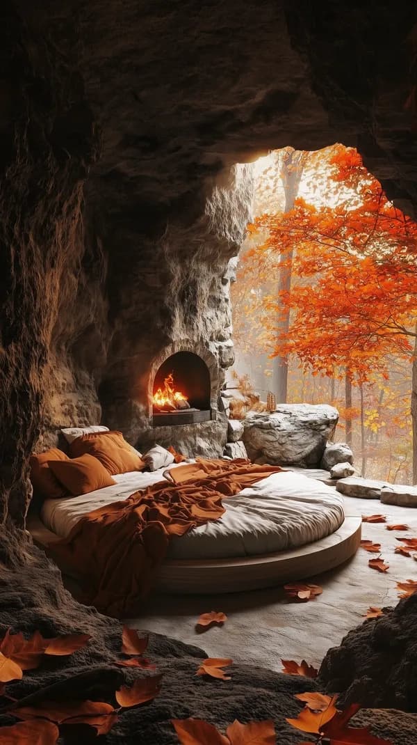 Cozy Cave Bedroom with Fireplace Amid Autumn Forest Light - HD Wallpaper, 4k Background Image