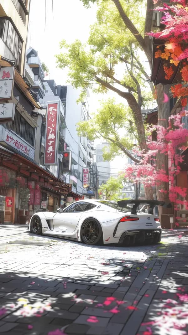 Sunlit City Street Scene with White Sports Car and Blossoms - HD Wallpaper, 4k Background Image