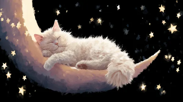Dreamy Night Cat Sleeping on Crescent Moon Wallpaper - HD Wallpaper, 4k Background Image