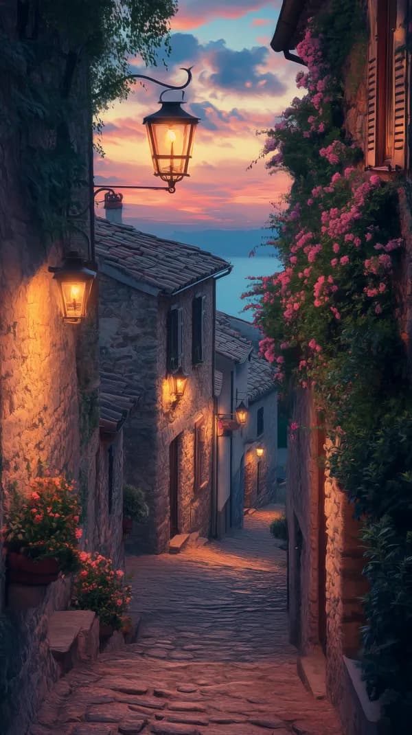 Sunset Lantern Alley in a Dreamy Cobblestone Village - HD Wallpaper, 4k Background Image