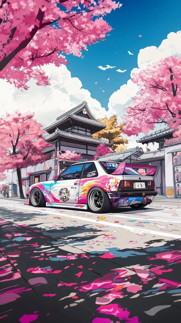 Vibrant Sakura Street Car Wallpaper in Anime Style Scene - HD Wallpaper, 4k Background Image