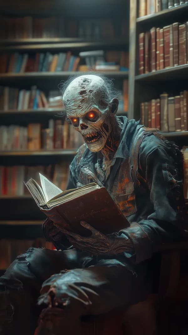 Creepy undead reader in a dim library — horror wallpaper - HD Wallpaper, 4k Background Image