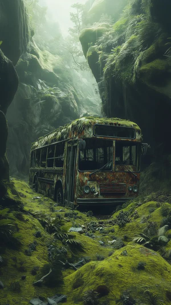 Mossy Jungle Bus in Misty Canyon - Abandoned Vehicle Scene - HD Wallpaper, 4k Background Image