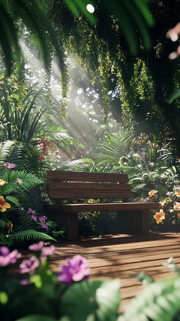 Sunlit Verdant Garden Bench in a Lush Forest Conservatory - HD Wallpaper, 4k Background Image