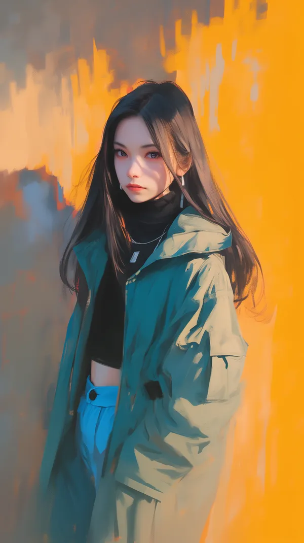 Moody Portrait: Young Woman in Teal Coat Against Orange Backdrop - HD Wallpaper, 4k Background Image
