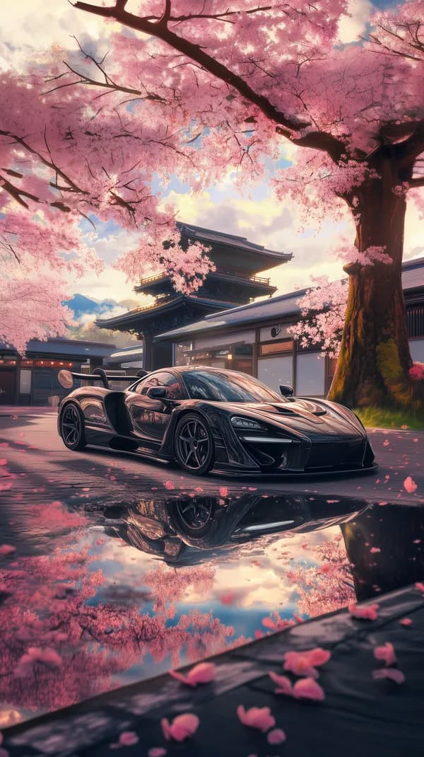 Sakura Sunset: Sleek Black Sports Car by a Traditional Temple - HD Wallpaper, 4k Background Image
