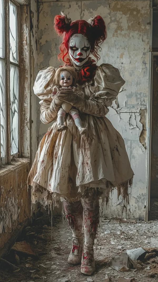 Haunted Clown with Doll in Abandoned Room - Eerie Wallpaper - HD Wallpaper, 4k Background Image