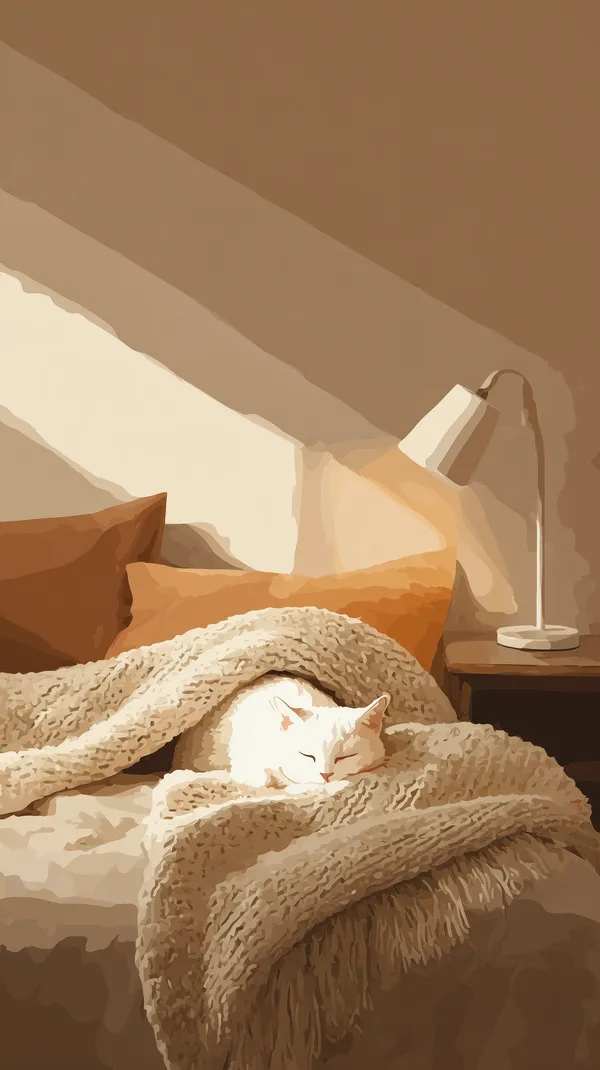 Cozy Bedroom Cat Sleeping Under a Soft Blanket in Warm Beige Tones - HD Wallpaper, 4k Background Image