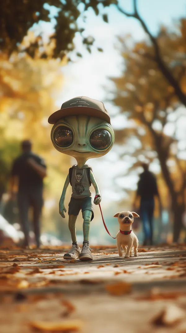Whimsical Alien Walker with Tiny Dog on Autumn Park Walk - HD Wallpaper, 4k Background Image