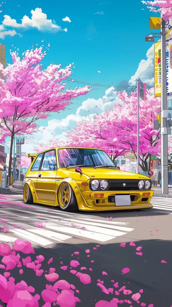 Vibrant Yellow Sports Car on Cherry Blossom City Street - HD Wallpaper, 4k Background Image